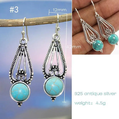 1Pair New Boho Ethnic Earrings for Women with Turquoise Gem Natural Stone Beads Earring Water Drop Hook Earring Vintage Jewelry