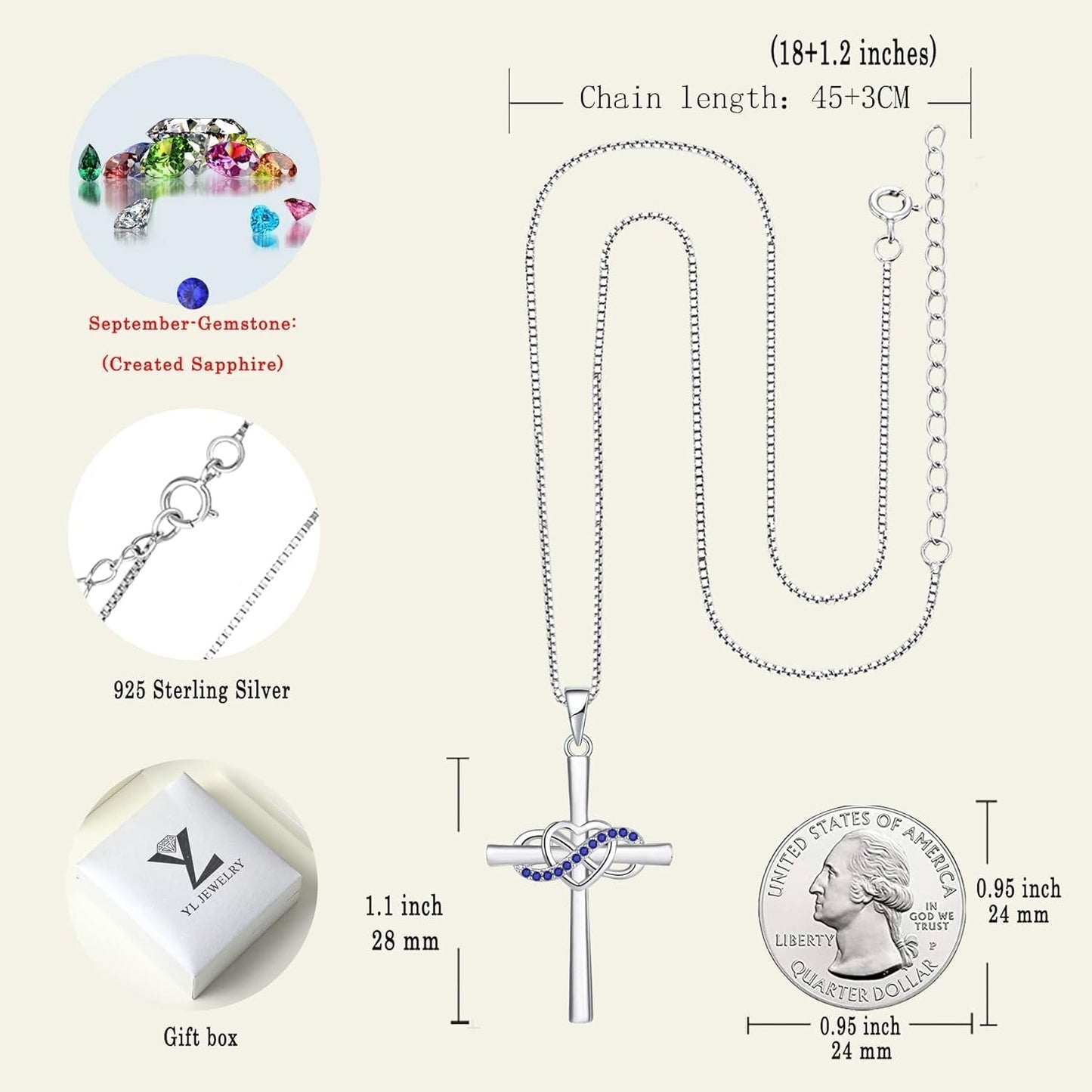 Cross Necklace Sterling Silver Infinity Heart Crucifix Pendant Birthstone Criss Jewelry for Women