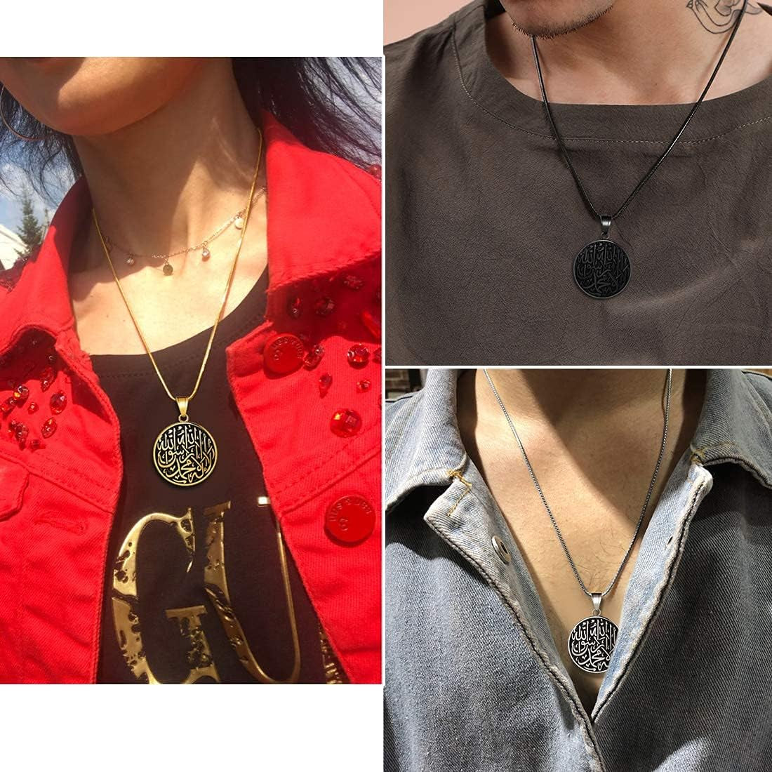 Men Islamic Pendant Necklace - Muslim Allah Necklace Allah Necklace Mens Muslim Islam Pendant 316L Stainless Steel Islamic Arabic Gift Black Gun/18K Gold Plated Islam Jewelry SP0049