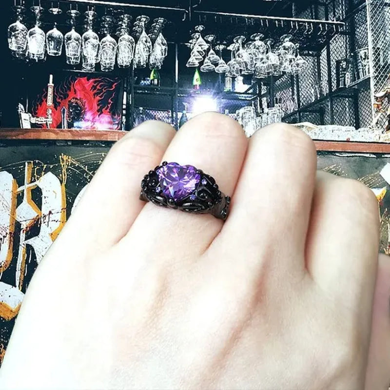 Gothic Retro Black Gold Lover Red Purple Crystal Zircon Christmas Valentine'S Day Engagement Women'S Jewelry Statement Cocktail Party Bicycle Ring