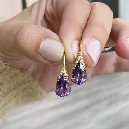 Teardrop Cut Amethyst Gemstone Earrings Gold Crystal Drop Earrings Bridal Romantic Wedding Party Fashion Earrings for Women