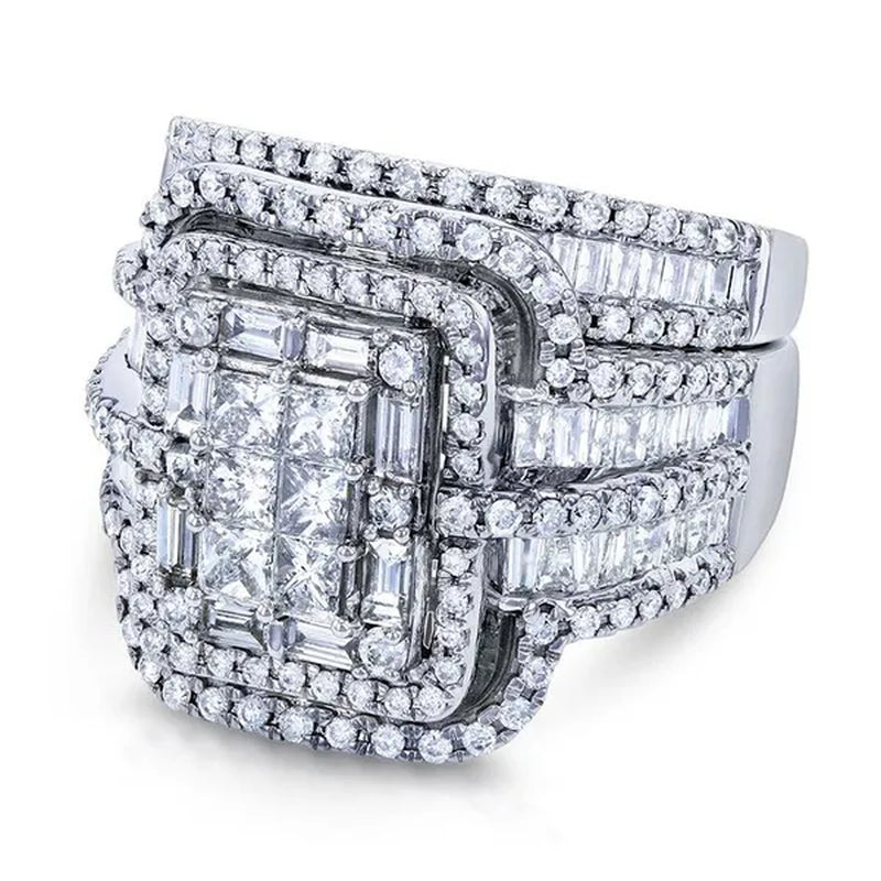 2Pcs Set Wedding Band Rings Set Princess Cut Square Zirconia Diamond Rings for Women Bridal Lover Gifts