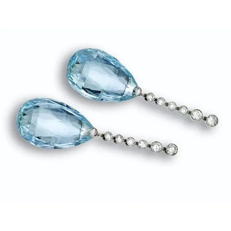 925 Sterling Silver Aquamarine Zircon Diamond Gemstones Birthstone Ear Studs Earring Bride Princess Wedding Engagement