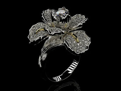 Silver Ring Iris Flower Two Tone Ring Blue Sapphire Flower Engagement Cocktail Ring Statement Crown Ring Natural Gemstones Ring Wedding Bride Engagement Band Charm Party Ring Jewelry