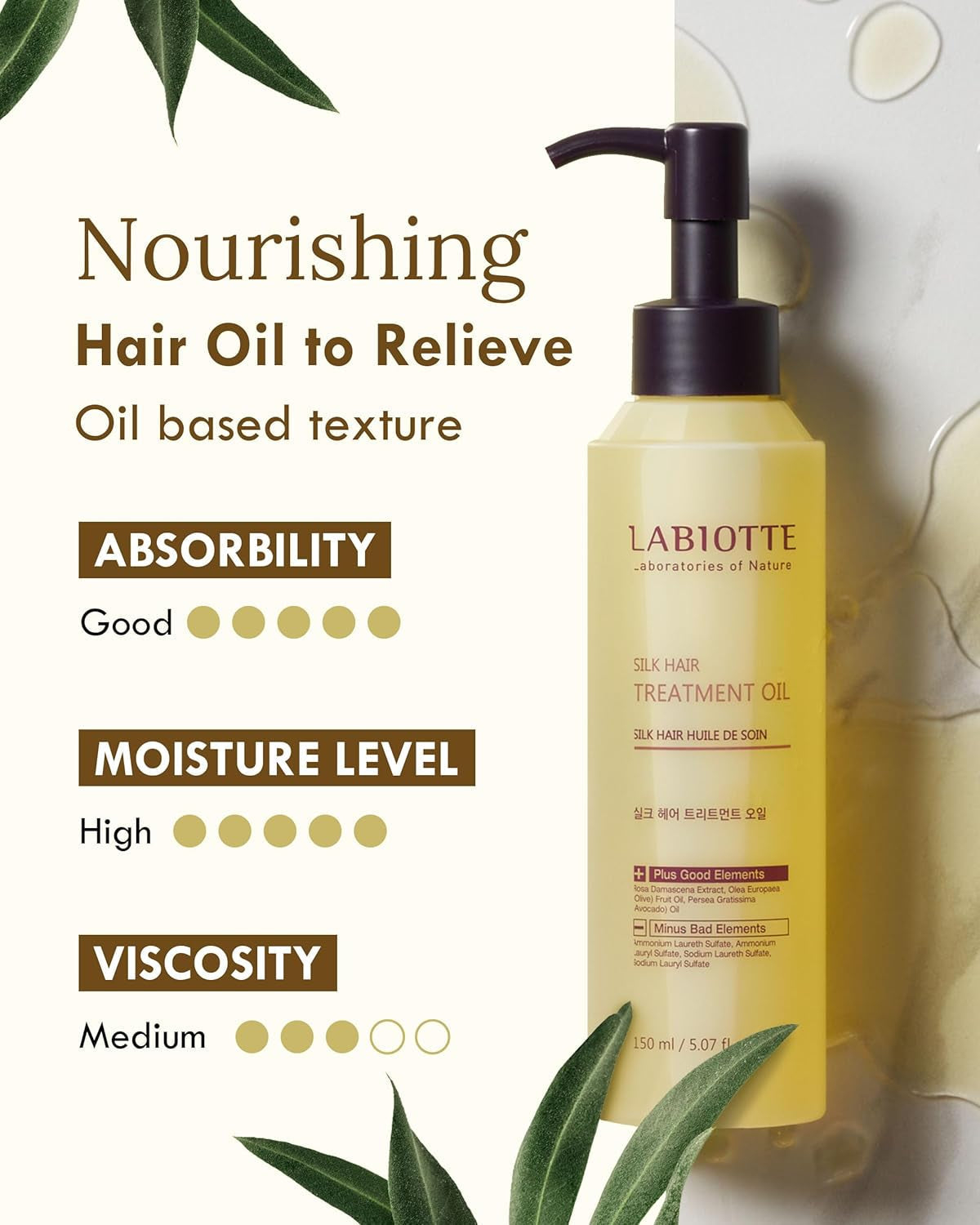 Silk Oil Hair Treatment for Repair, Frizz Control & Shine - with Jojoba Oil for Dry, Damaged Hair Growth - 5.07 Fl Oz
