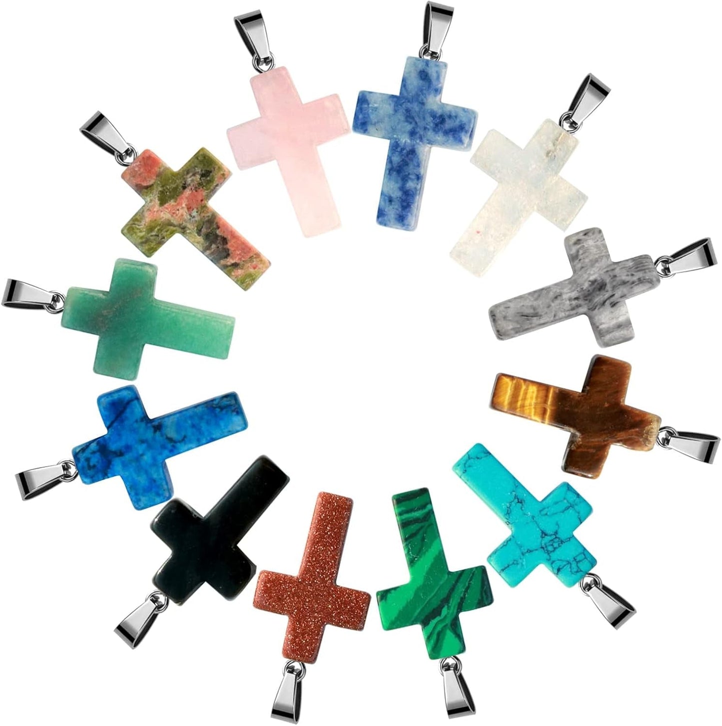 12PCS Natural Stone Cross Pendant, Healing Crystal Quartz Chakra Reiki Gemstone Pendants Charms Bulk for DIY Necklace Jewelry Making