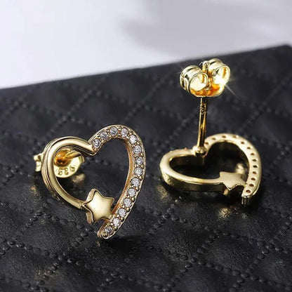 14K Gold Love Heart Star White Zircon Stud Earrings for Women Wedding Engagement Bride Jewelry Gift