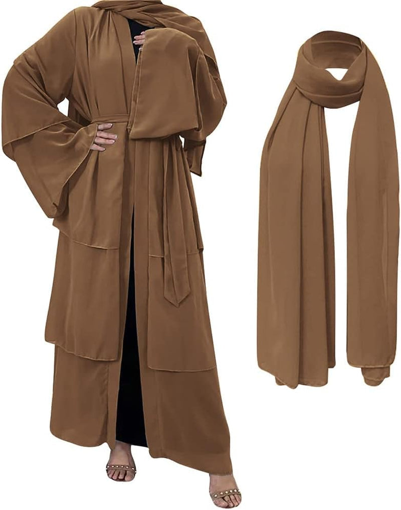 Muslim Abaya Dress for Women - Long Sleeve Islamic Dubai Abaya Cardigan Robe - Middle East Prayer Dress with Hijab - WORLD TIME VISITS