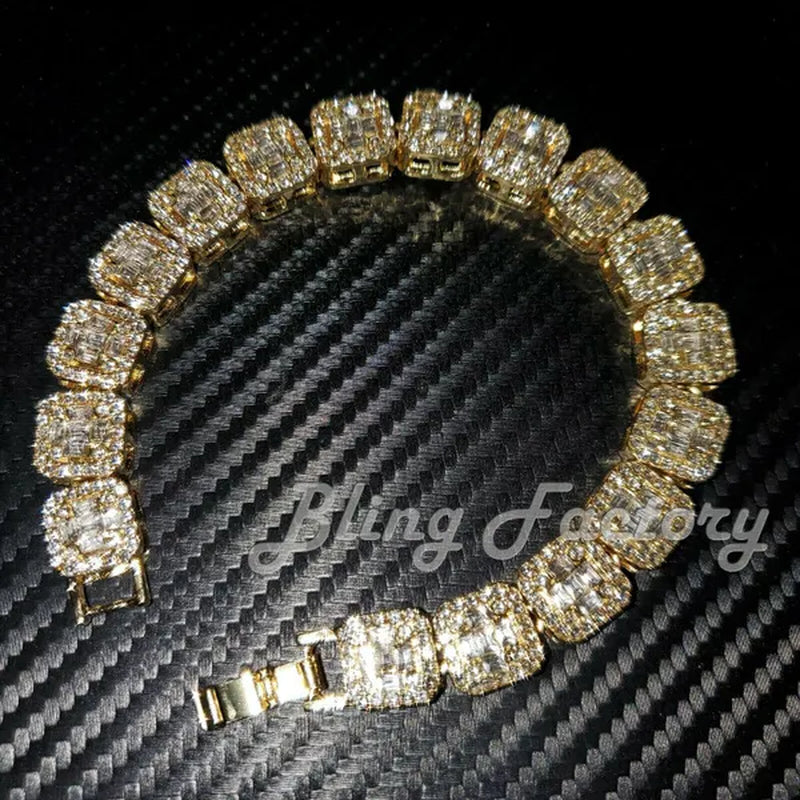 Hip Hop Gold Silver Iced Lab Diamond Baguette Stone Chain Fashion Bracelet