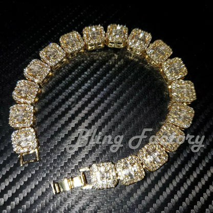 Hip Hop Gold Silver Iced Lab Diamond Baguette Stone Chain Fashion Bracelet