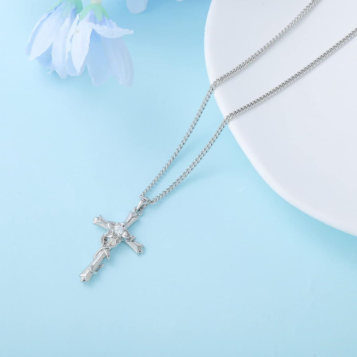 Cross Necklace for Women | Silver Faith Birthstone Cross Pendant with Birth Flower Jewelry Gifts for Teen Wife Women for Birthday Anniversary - WORLD TIME VISITS