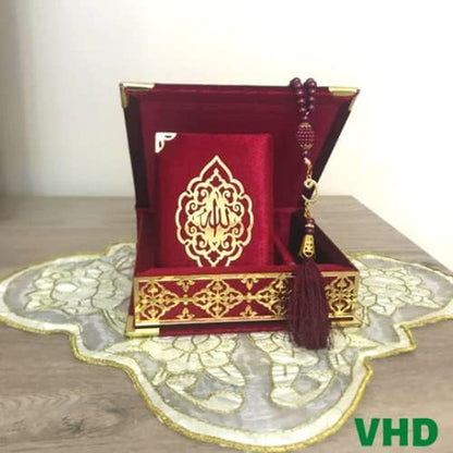 Velvet Covered Quran Tasbeeh Islamic Gift Set, Holy Quran Prayer Beads Wooden Gift Box, Islamic Birthday, Wedding, Graduation, Eid, Ramadan Gift Favor (Claret Red)