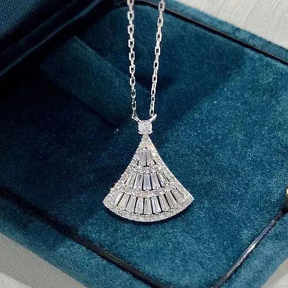 Trendy Silver Plated Pave Setting White Sapphire Lab Diamond Geometric Sector Pendant Necklace for Women Wedding Anniversary Gift