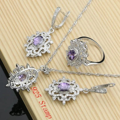 Romantic Women Anniversary Silver 925 Jewelry Sets Sapphire Amethyst Garnet Emerald Gemstone Fashion Necklace Set
