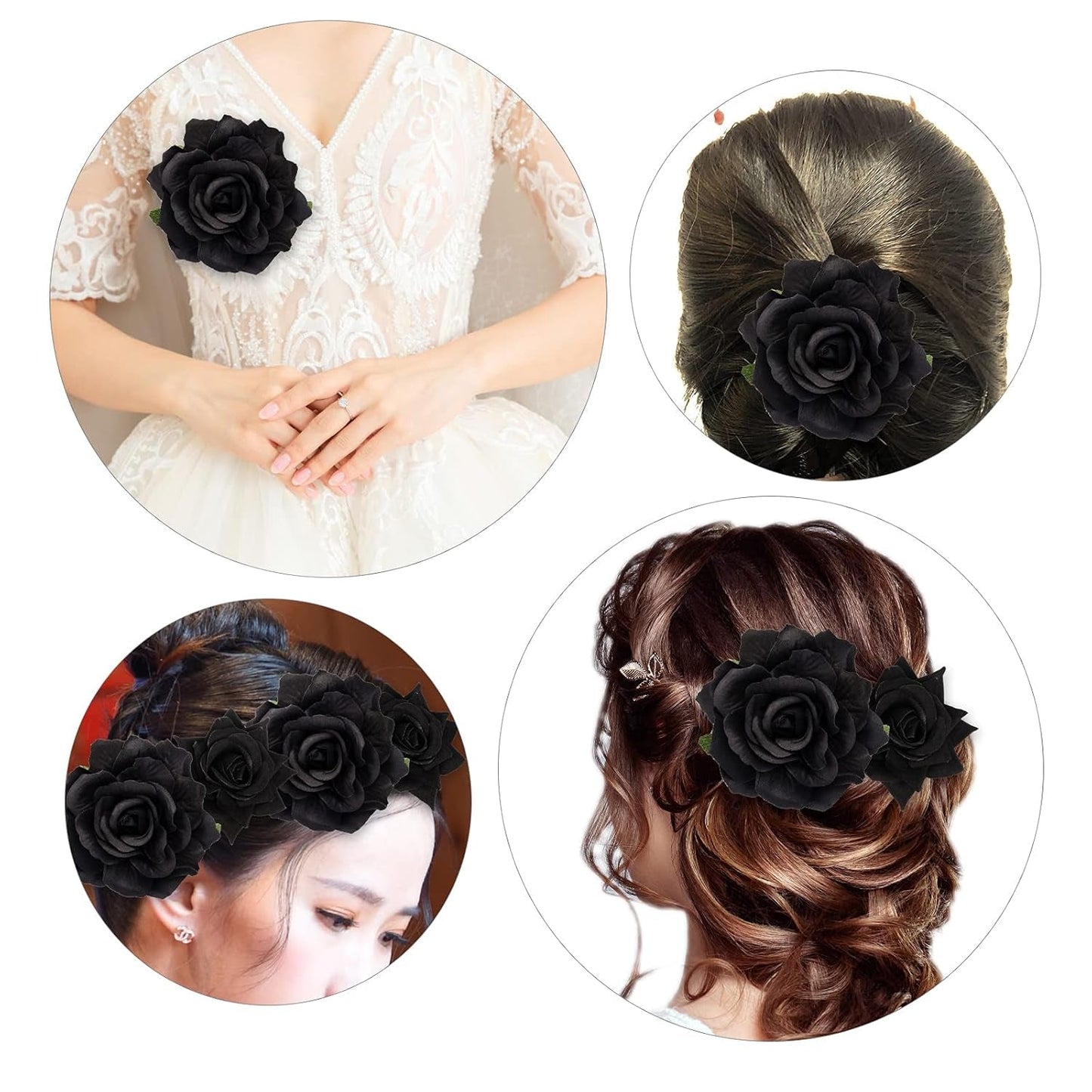 Rose Hair Clip Flower Hairpin Rose Brooch Floral Clips, 4 Pcs Fabric Rose Flowers Hair Clips Mexican Hair Flowers Pin up Headpieces for Woman Girl Wedding Party Mother'S Day (Black)