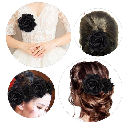 Rose Hair Clip Flower Hairpin Rose Brooch Floral Clips, 4 Pcs Fabric Rose Flowers Hair Clips Mexican Hair Flowers Pin up Headpieces for Woman Girl Wedding Party Mother'S Day (Black)