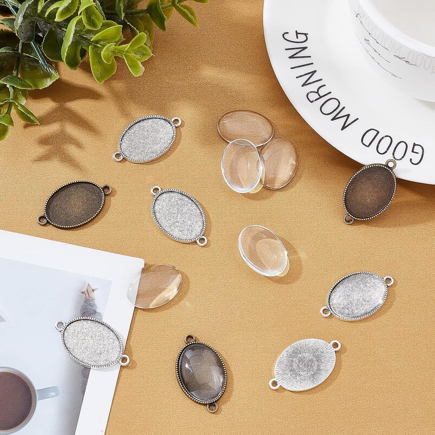24Pcs Double Holes Photo Charms Connector Pendant Tray Blanks Bezel Cabochon Settings with 24Pcs Glass Cabochon Tiles Memorial Photo Pendant for Bouquet Wedding Graduation Photo Charm