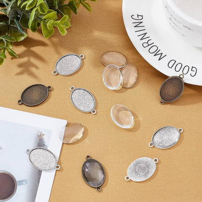 24Pcs Double Holes Photo Charms Connector Pendant Tray Blanks Bezel Cabochon Settings with 24Pcs Glass Cabochon Tiles Memorial Photo Pendant for Bouquet Wedding Graduation Photo Charm