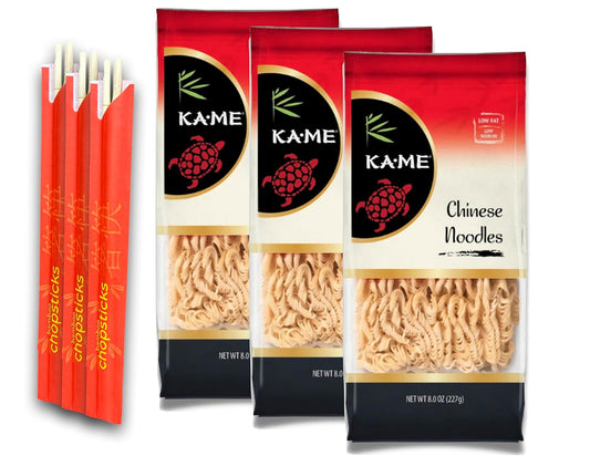 KA-ME Chinese Noodles, Low Fat, Low Sodium, 8Oz Pouches (3 Pack) | Bundled with  Bamboo Chopsticks -Perfect for Quick, Authentic, and Delicious Meals