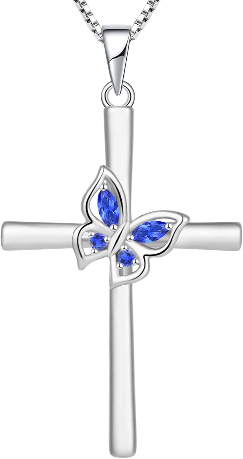 Butterfly Cross Necklace Sterling Silver Crucifix Pendant Gemstones Criss Jewelry for Women - WORLD TIME VISITS