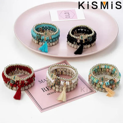 KISMIS 4Pcs/Set Bohemian Mix Bead Multi Layer Versatile Statement Bracelet Stackable Beaded Strand Stretch Bangles Sparkly Crystals Tassel Charms 1Set or 2Sets Optional