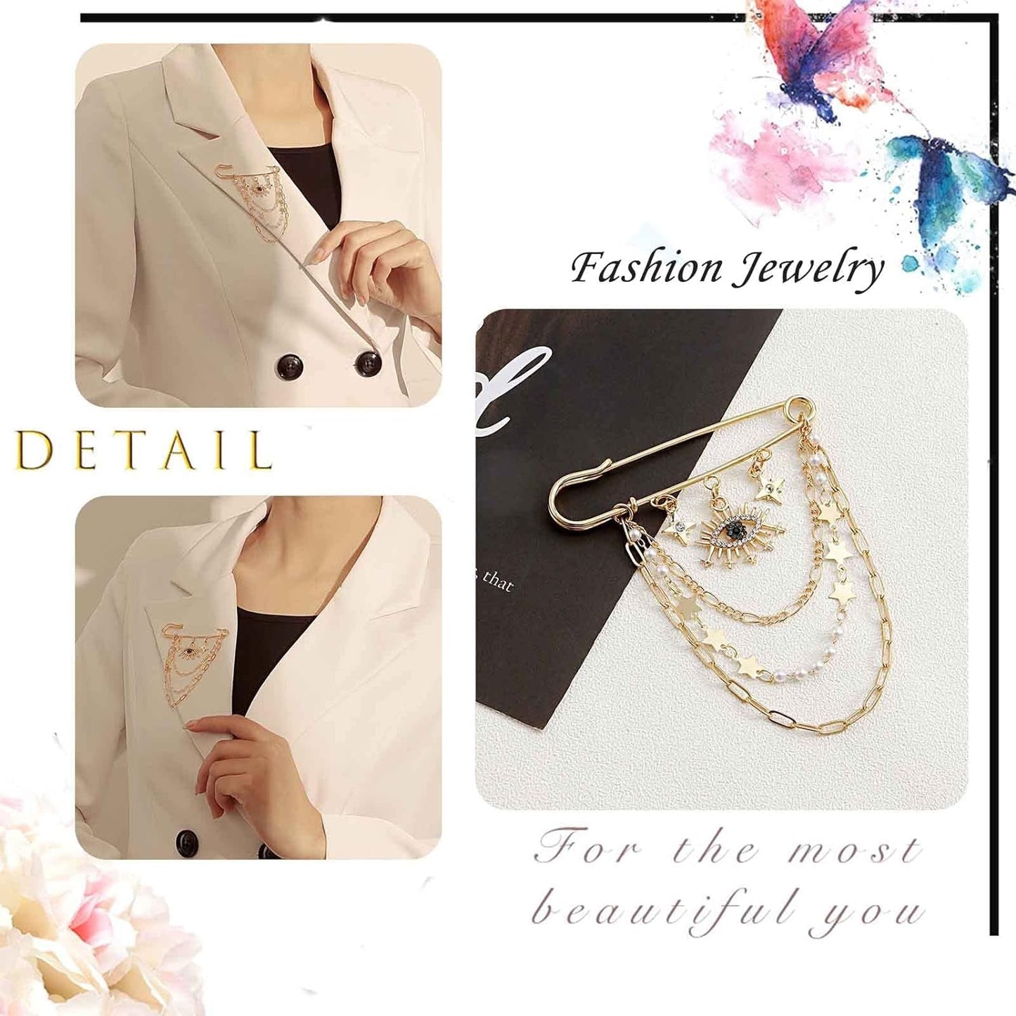 Crystal Eye Brooch Pin Multi-Layer Hanging Chain Lapel Pin Elegance CZ Evil Eye Star Charm Brooch Lucky Devil Eye Tassel Pin Wedding Bouquet Badge Jewelry for Women Men