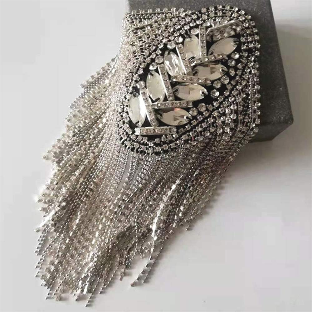 2Pcs Rhinestone Tassel Shoulder Epaulet Spike Chain Shoulder Badge Brooch Pins for Man Woman