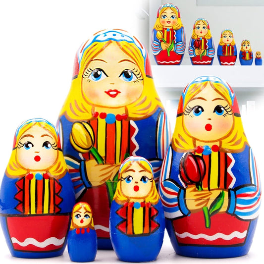 Russian Nesting Dolls Set of 5 Pcs - Russian Doll in Traditional Dutch Folk Dress with Tulips - Wooden Matryoshka in Dutch National Costume - WORLD TIME VISITS