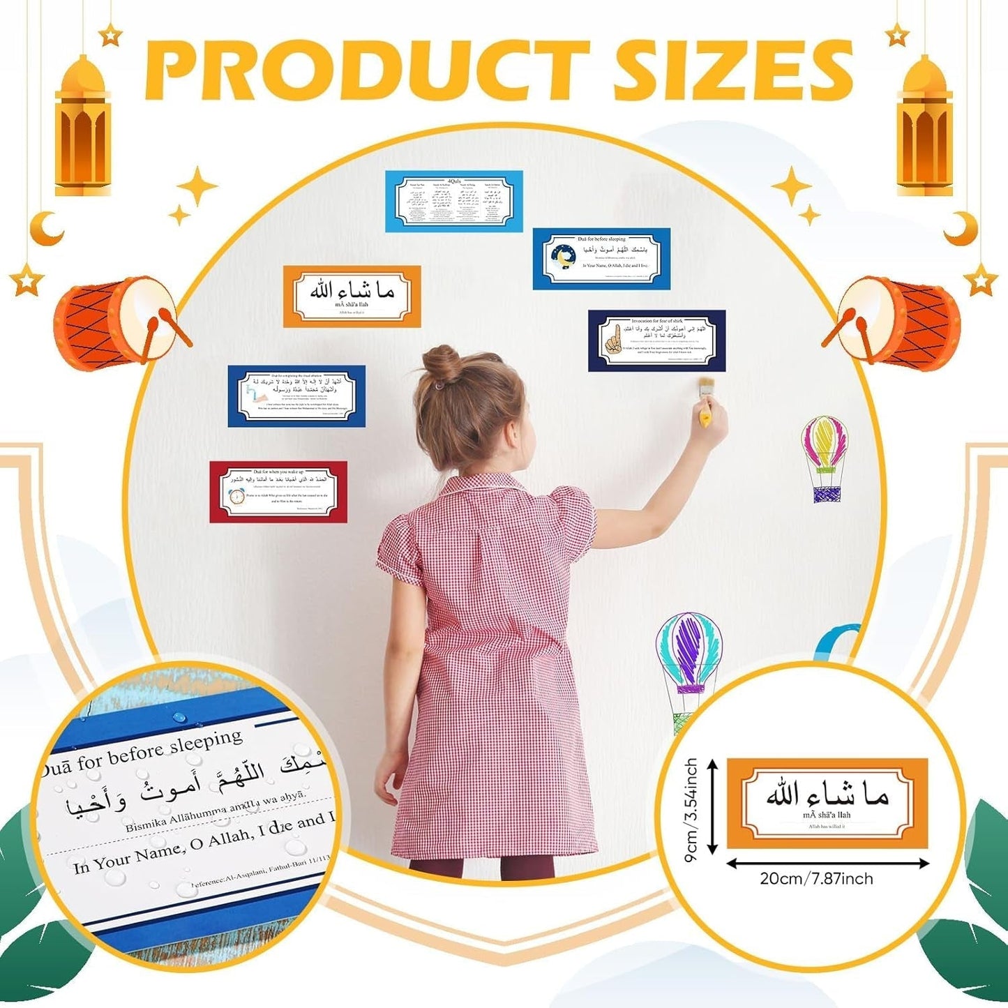 24 Pcs Muslim Stickers Gifts for Muslim Kids, Removable DIY Family Dua Sticker Decal Wall Mural Islamic Arabic Quotes Letters Teaching Education Stuff Wall Sticker, 7.87 X 3.54 Inches