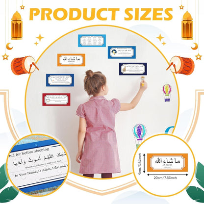 24 Pcs Muslim Stickers Gifts for Muslim Kids, Removable DIY Family Dua Sticker Decal Wall Mural Islamic Arabic Quotes Letters Teaching Education Stuff Wall Sticker, 7.87 X 3.54 Inches