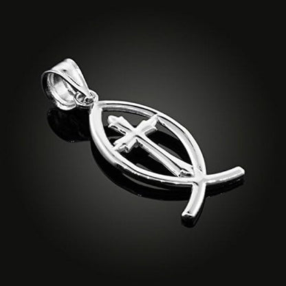 925 Sterling Silver Jesus Cross Charm Ichthus Christian Fish Pendant - WORLD TIME VISITS