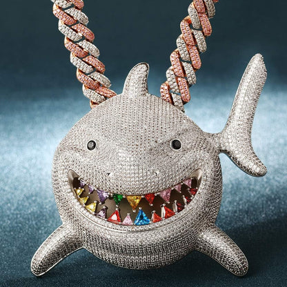 Hip Hop Jewelry 18K Gold Plated 3D Large Shark Pendant Iced Out Premium Zircon Fish Animal Creative Necklace with Free Rope Chain