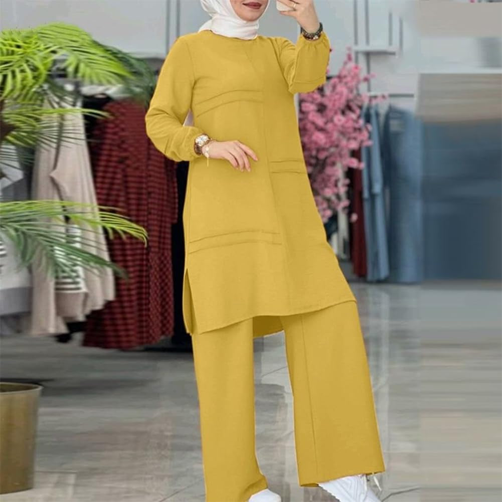 Abayas Dress for Women Muslim Long Sleeve Loose Top Pants 2 Pcs Dubai Islamic Muslim Women Matching Sets - WORLD TIME VISITS