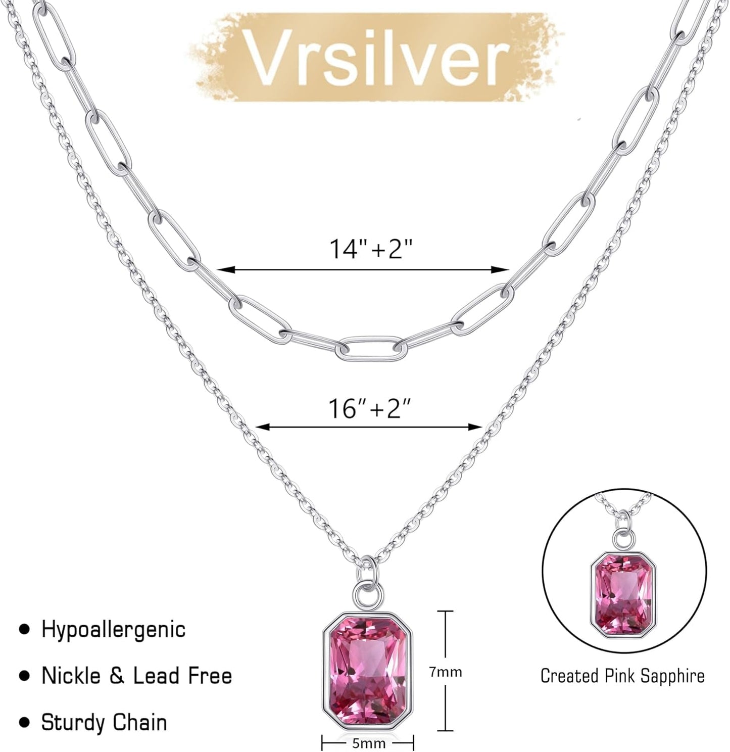 Layered Birthstone Necklace for Women Girls, Gold Silver Rose Gold Plated Layered Paperclip Chain Choker Necklace with Rectangle Birthstone Pendant Birthday Gifts for Women Girls Jewelry