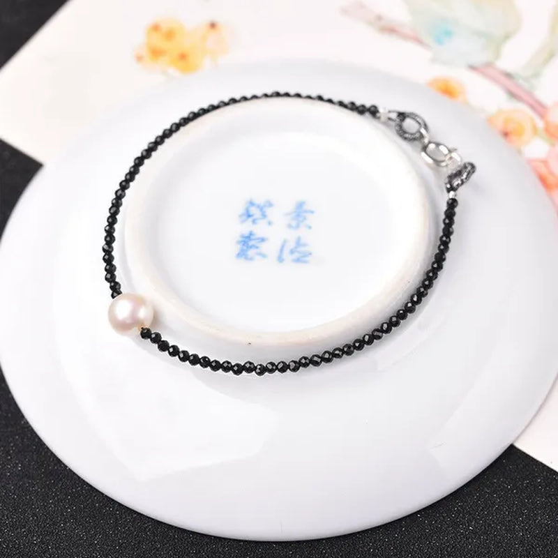 Natural Black Spinel 2mm&Freshwater Pearl 8mm S925 Silver Women Bracelet Gift