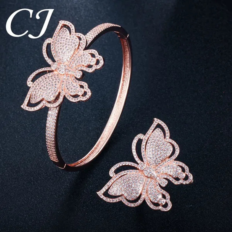 CANDICE High Quality Rose White Gold Plated Full Pave Tiny Crystal Stone Big Butterfly Shape Ring and Bangle Bracelet Party Jewelry Set for Women Christmas Gift