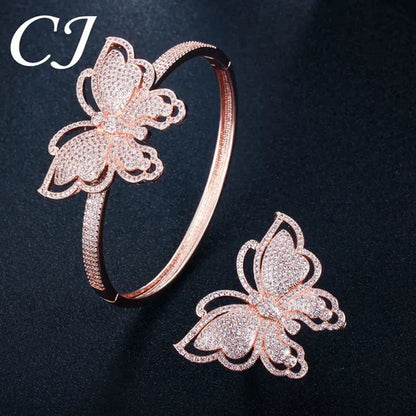 CANDICE High Quality Rose White Gold Plated Full Pave Tiny Crystal Stone Big Butterfly Shape Ring and Bangle Bracelet Party Jewelry Set for Women Christmas Gift