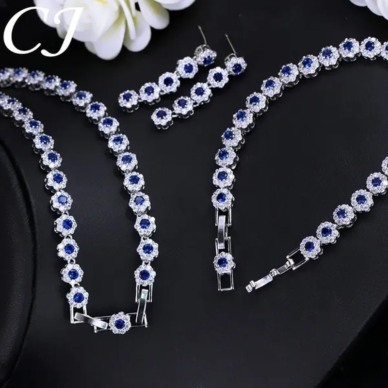 CANDICE Classic Round Cut Blue Choker Necklace Earrings Top Grade AAA+ CZ Stone Women Evening Jewelry Sets For Party