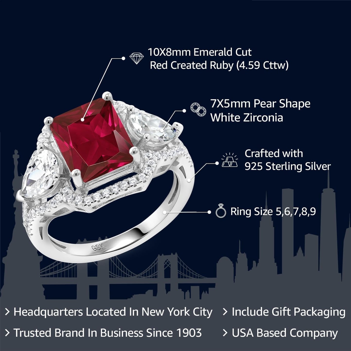 925 Sterling Silver Red Created Ruby Ring for Women (4.59 Cttw, Emerald Cut 10X8MM, Gemstone July Birthstone, Available in Size 5, 6, 7, 8, 9)