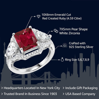 925 Sterling Silver Red Created Ruby Ring for Women (4.59 Cttw, Emerald Cut 10X8MM, Gemstone July Birthstone, Available in Size 5, 6, 7, 8, 9)