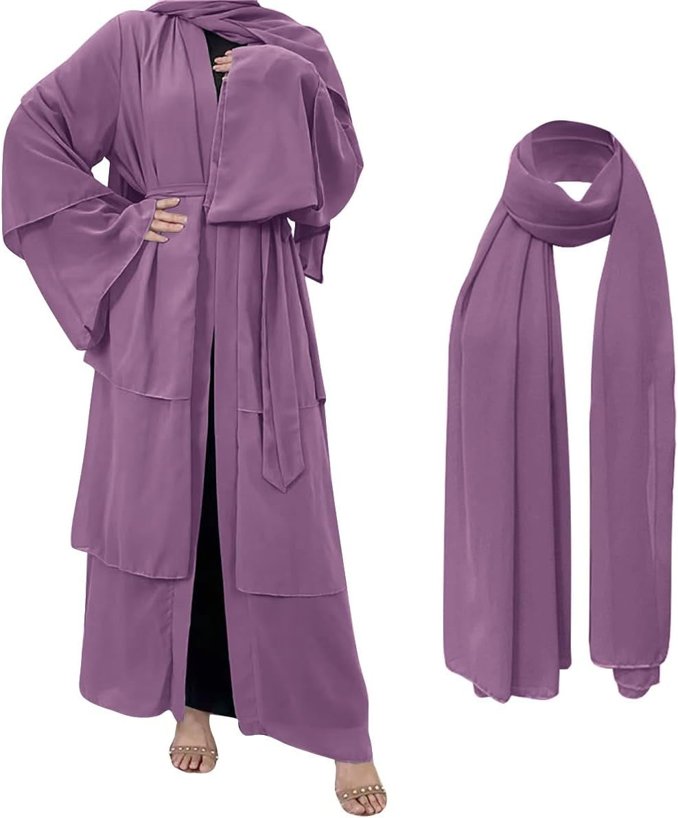 Muslim Chiffon Abaya for Women Open Front Cardigan Modest Dress with Hijab Scarf Middle East Arabian Robe Islamic Long Dress