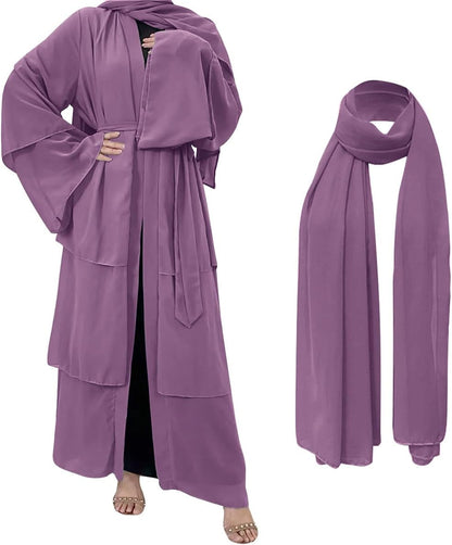 Muslim Chiffon Abaya for Women Open Front Cardigan Modest Dress with Hijab Scarf Middle East Arabian Robe Islamic Long Dress