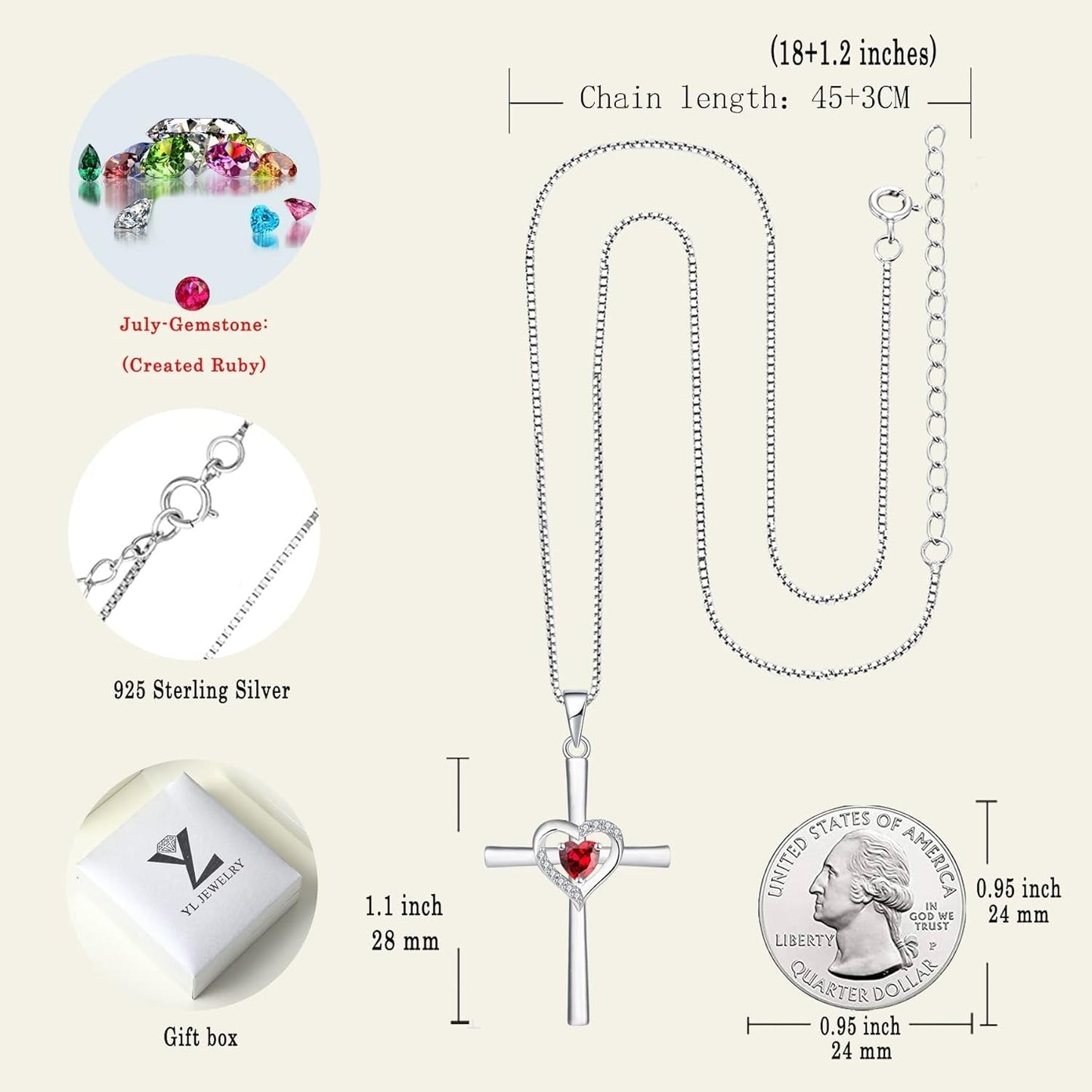 Heart Cross Necklace Sterling Silver Crucifix Pendant Gemstones Criss Jewelry for Women