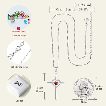 Heart Cross Necklace Sterling Silver Crucifix Pendant Gemstones Criss Jewelry for Women