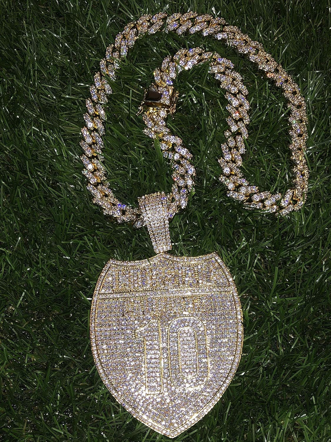 Mens 14K Gold Finish 13Mm Miami Cuban Link Chain Choker Freeway I10 Street California Necklace Iced Prong Set Cuban Chain for Men, Miami Cuban Link Chain Choker Necklace (18" Chain & Pendant)