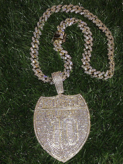 Mens 14K Gold Finish 13Mm Miami Cuban Link Chain Choker Freeway I10 Street California Necklace Iced Prong Set Cuban Chain for Men, Miami Cuban Link Chain Choker Necklace (18" Chain & Pendant)