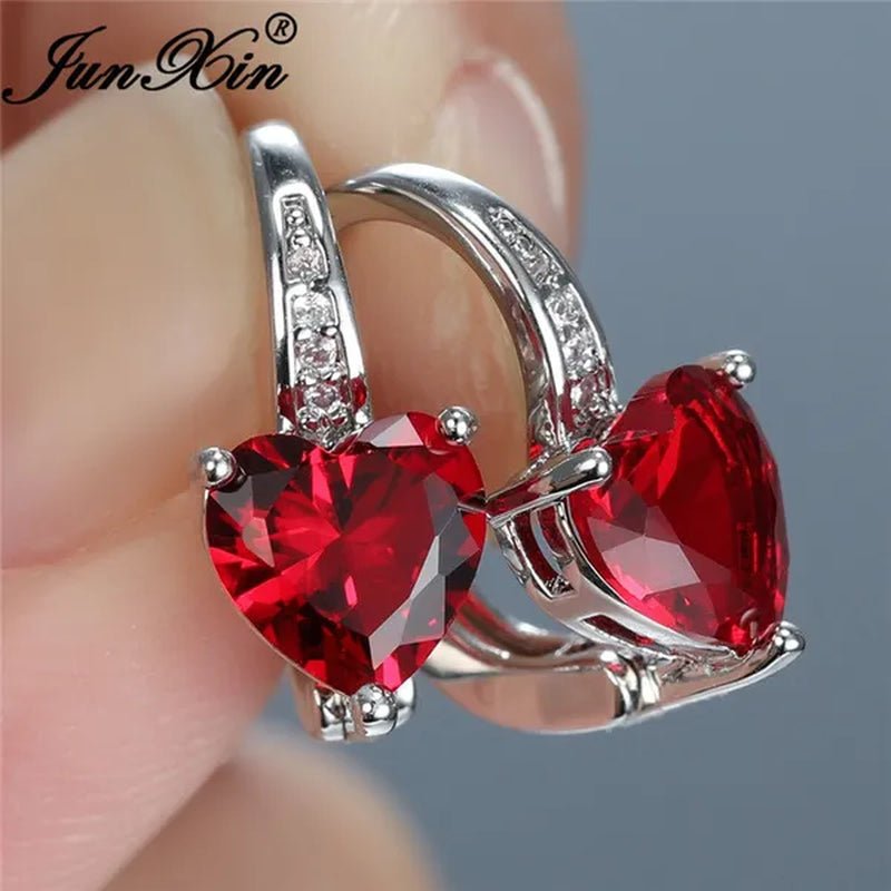 1Pair 925 Sterling Silver 14K White Gold Birthstone Hoop Earrings Heart Cut Red Ruby Garnet Drop Earrings Heart Shaped Clip on Earrings Gift