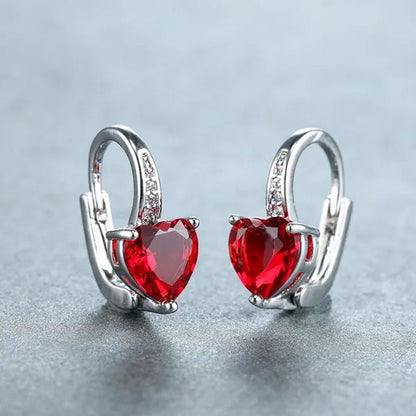 1Pair 925 Sterling Silver 14K White Gold Birthstone Hoop Earrings Heart Cut Red Ruby Garnet Drop Earrings Heart Shaped Clip on Earrings Gift