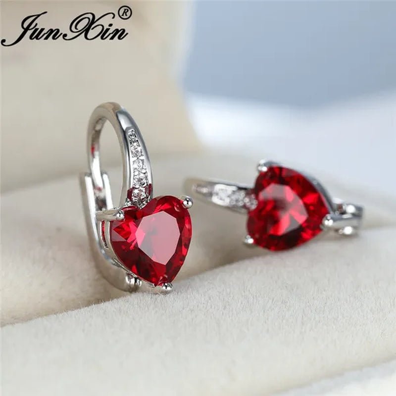 1Pair 925 Sterling Silver 14K White Gold Birthstone Hoop Earrings Heart Cut Red Ruby Garnet Drop Earrings Heart Shaped Clip on Earrings Gift - WORLD TIME VISITS