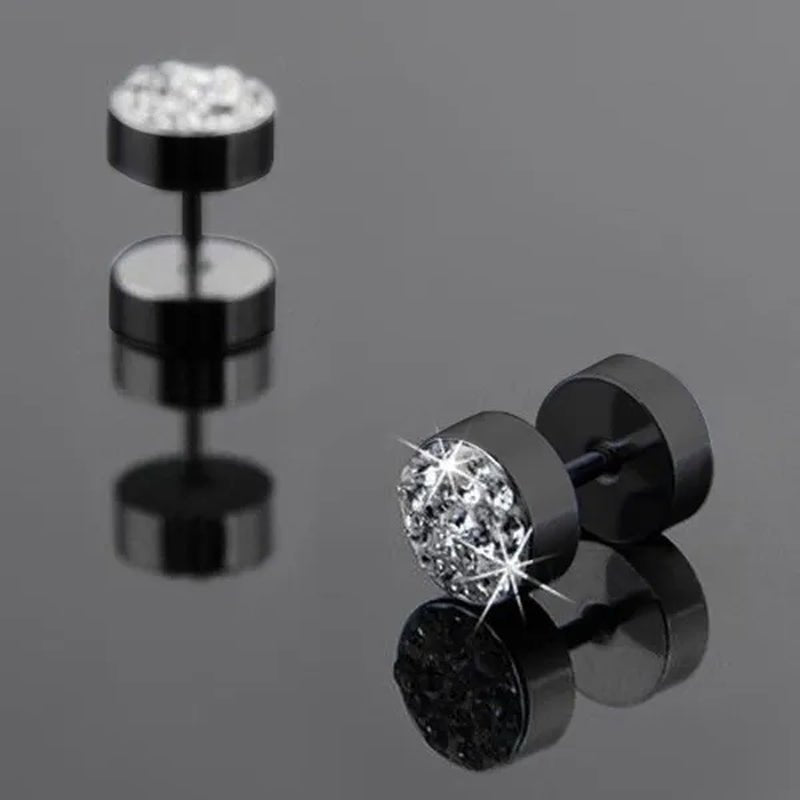 1Pair Unisex Men'S Barbell Punk Stainless Steel Crystal Punk Ear Studs Earrings - WORLD TIME VISITS